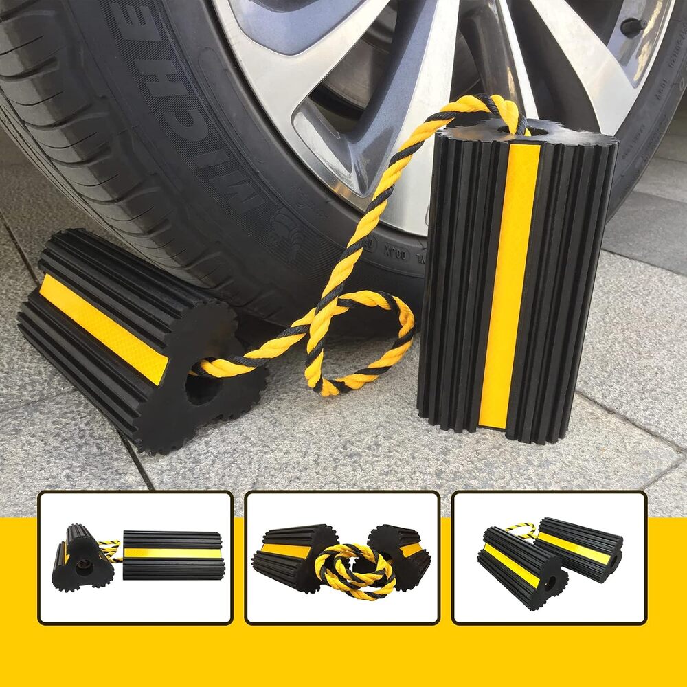 Heavy Duty Rubber Dual Wheel Chocks, Stoppers, Nylon Rope Yellow Reflective Tape - Picture 5 of 6